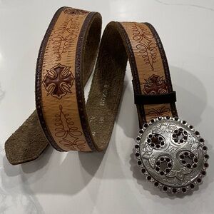 Enmon women’s western stitched leather belt w/ 4” rhinestone silver buckle xL